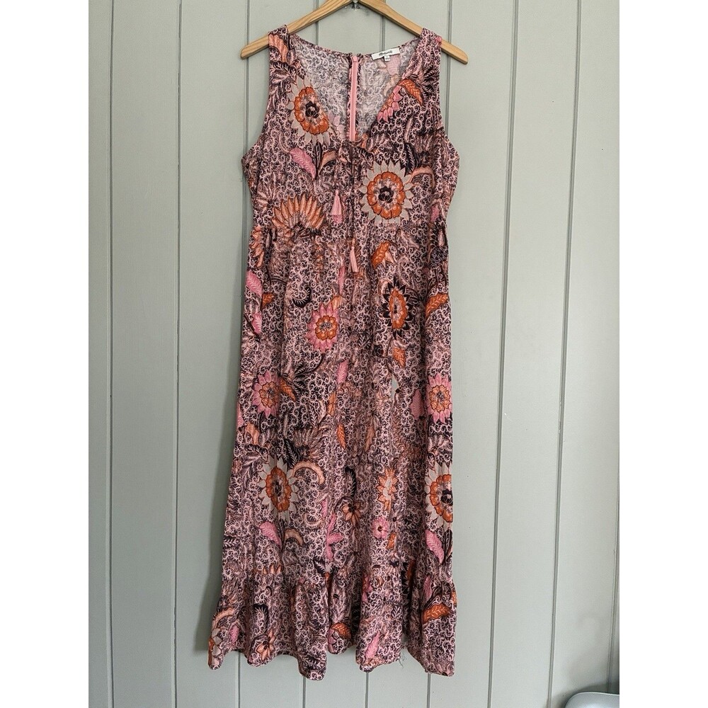 Madewell Lace-Up Ruffle-Hem Midi Dress in Bali Blooms 8 Sleeveless Pink AO273